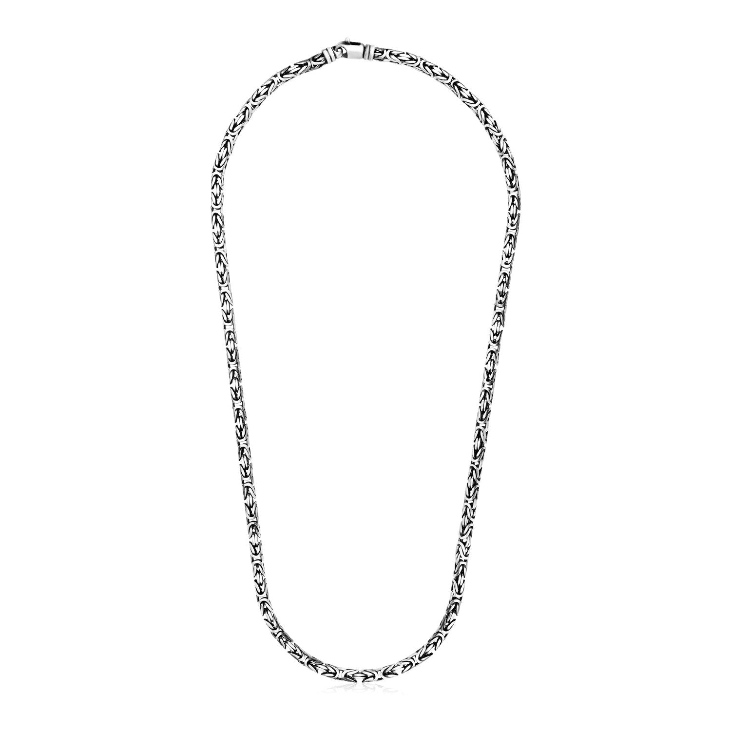 Sterling silver Byzantine chain necklace with elegant gunmetal finish and intricate link design.
