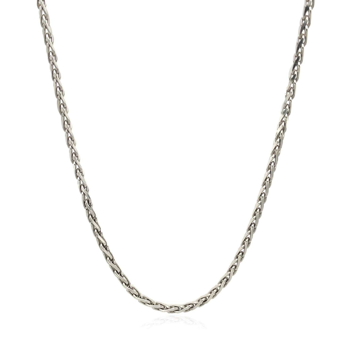 Sterling silver rhodium plated wheat chain, modern design with elegant links, perfect for layering or standalone wear.