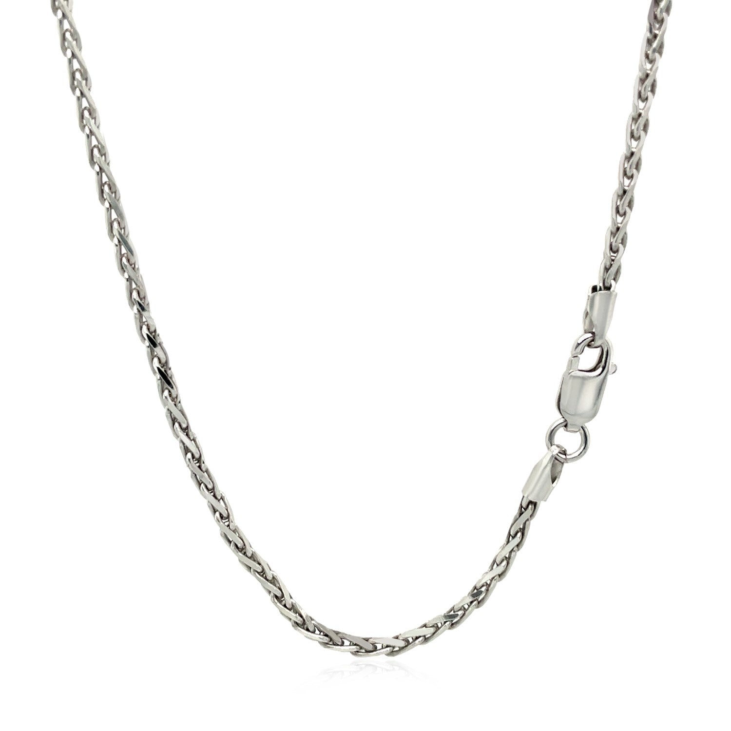 Sterling silver rhodium plated wheat chain, modern link design, 2.20 mm width, perfect for layering or standalone elegance.