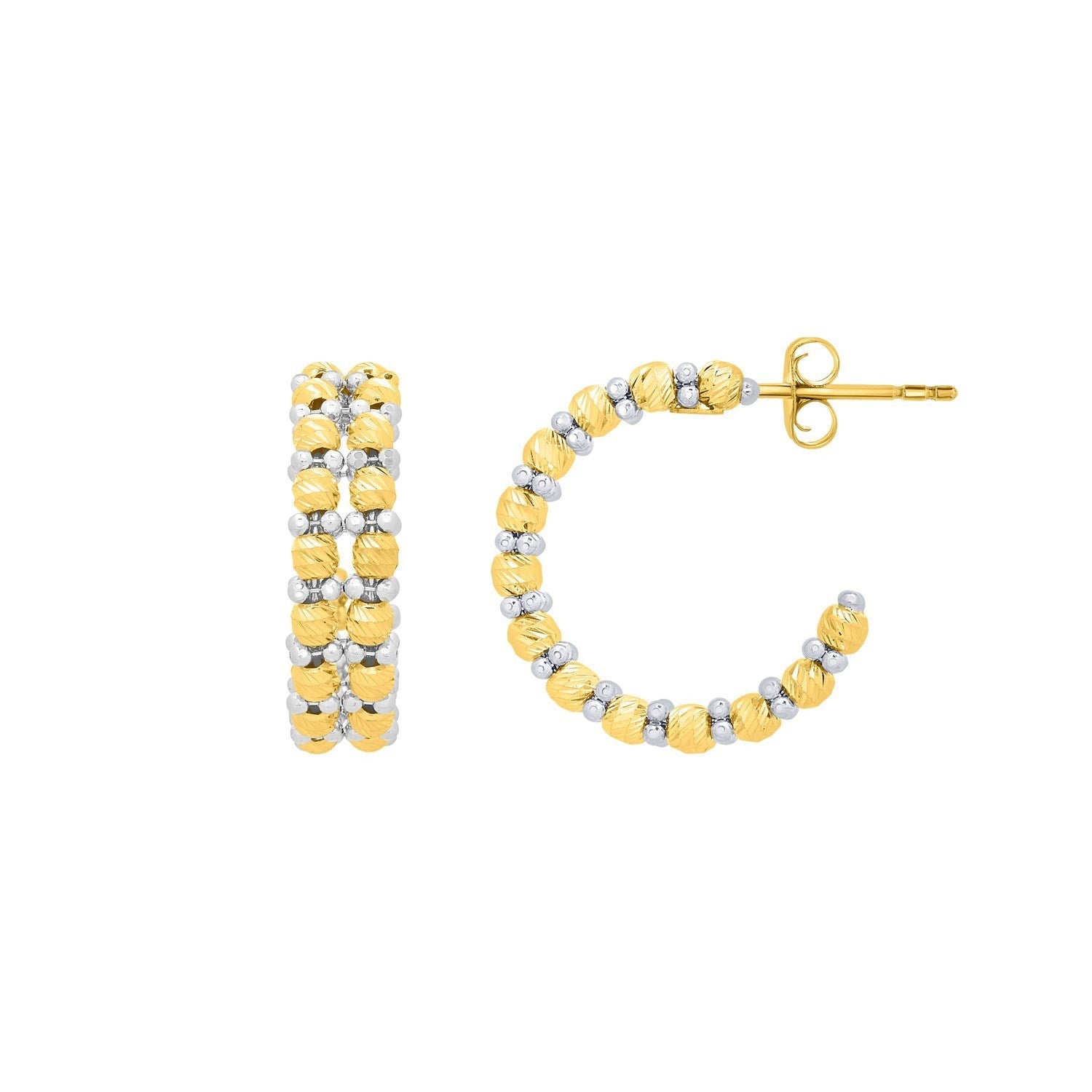 14K two-tone gold hoop earrings featuring elegant pallina beads, showcasing modern luxury design and exquisite craftsmanship.