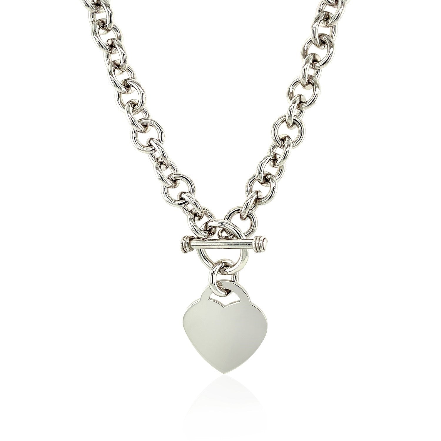 Sterling silver rolo chain necklace featuring a heart toggle charm and elegant rhodium plating for a modern touch.