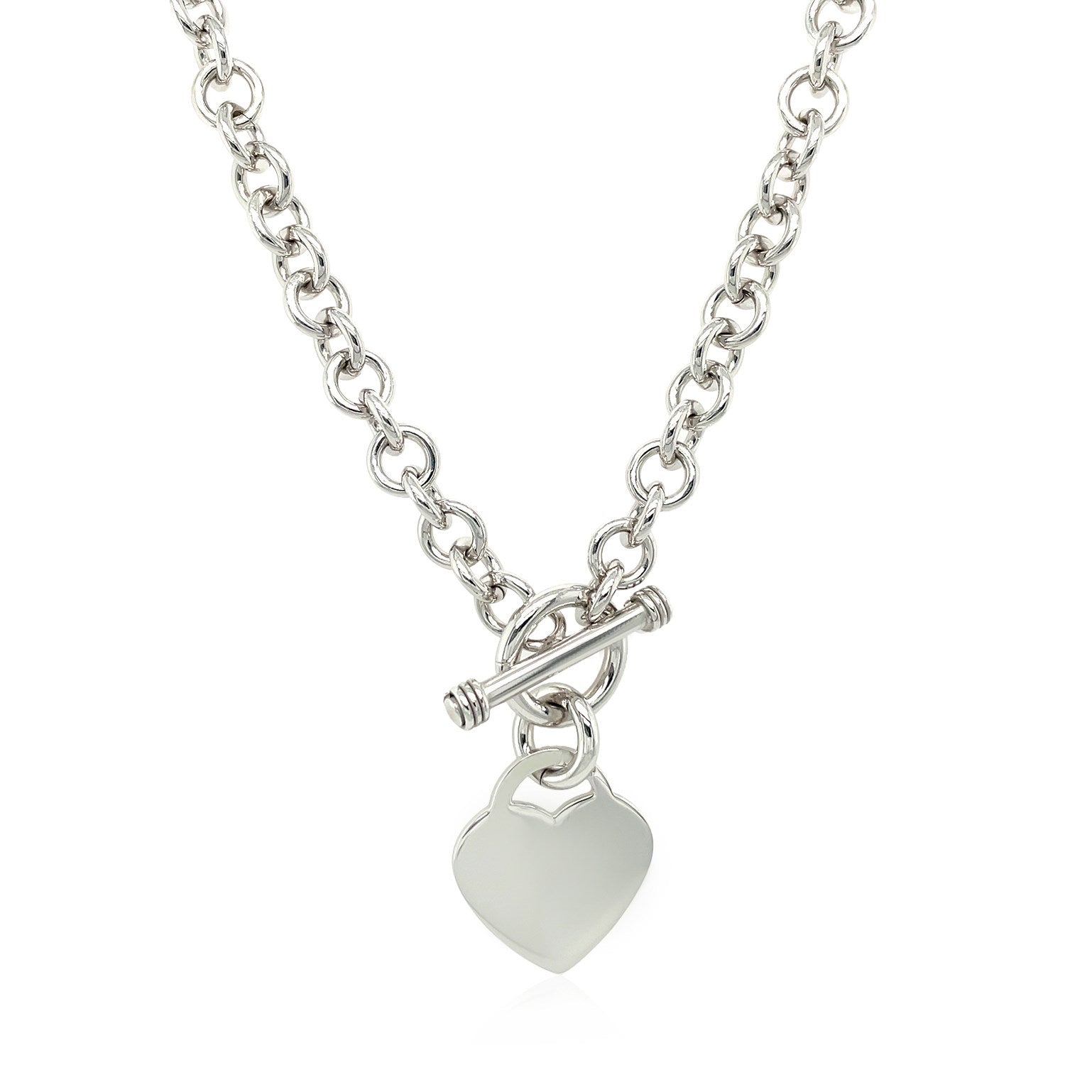 Sterling silver rolo chain necklace featuring an elegant heart toggle charm, perfect for sophisticated styling.