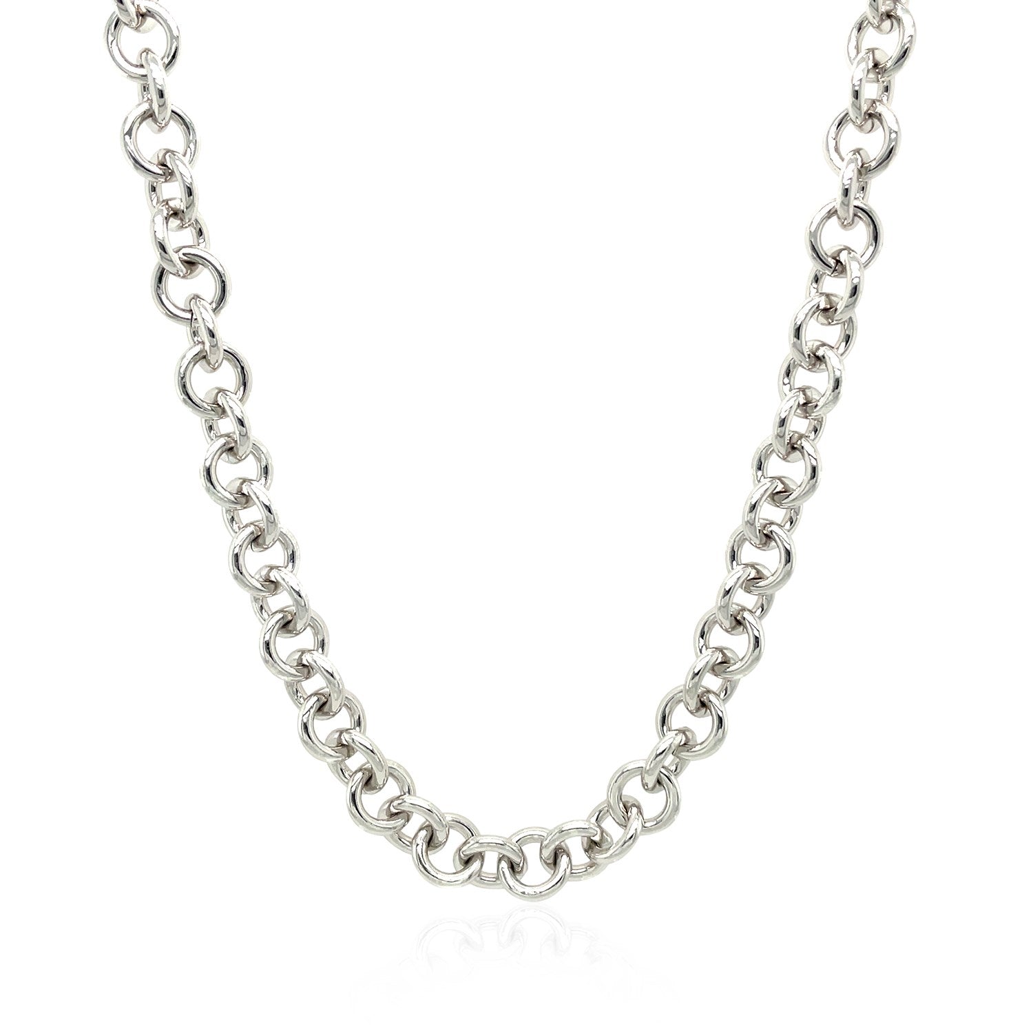 Sterling silver rhodium plated rolo chain necklace featuring an elegant heart toggle charm for a timeless look.