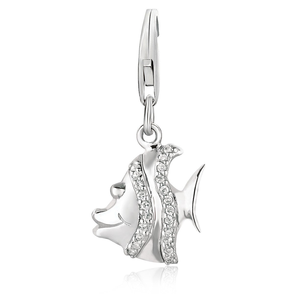 Sterling silver fish charm adorned with sparkling white tone crystal stones, embodying modern luxury elegance.