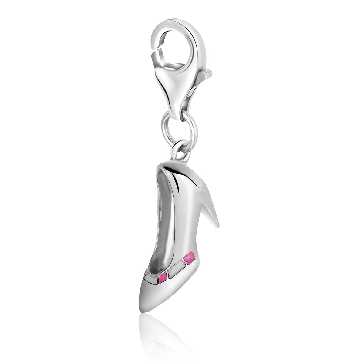 Sterling silver charm of a high heel shoe adorned with pink enamel accents, embodying modern luxury elegance.