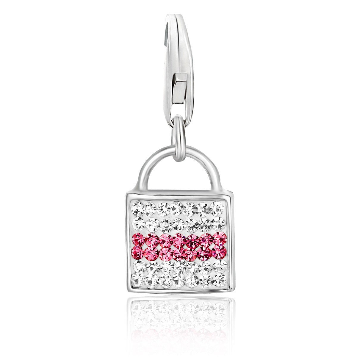 Sterling silver handbag charms adorned with multi-tone crystals, showcasing a modern luxury design.