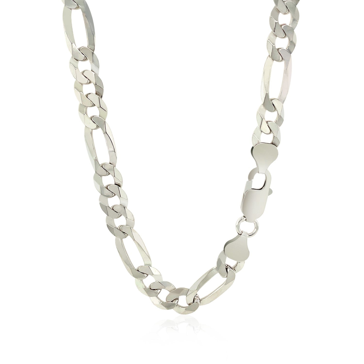 Rhodium plated sterling silver Figaro chain with elegant links, showcasing timeless luxury and sophistication.