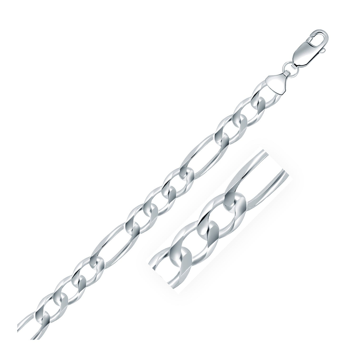 Rhodium plated sterling silver Figaro chain, 8.8mm, showcasing a classic design for timeless elegance.