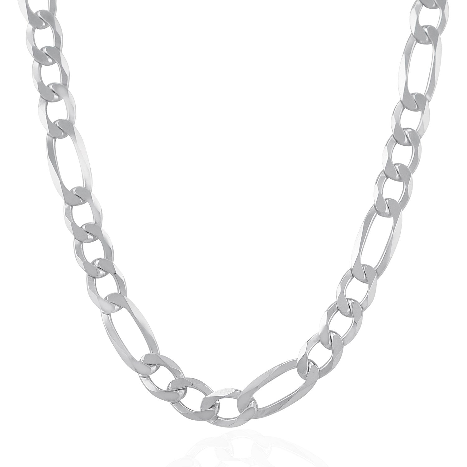 Rhodium plated 8.8mm sterling silver Figaro chain with a classic design, perfect for layering or standalone elegance.
