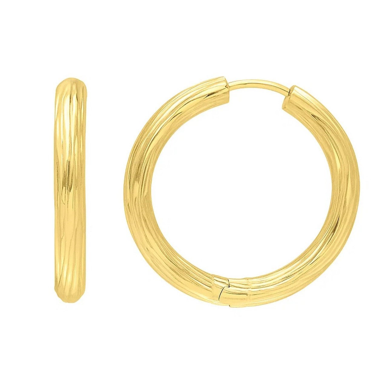 14k yellow gold modern engraved round hoop earrings showcasing exquisite craftsmanship and timeless elegance.