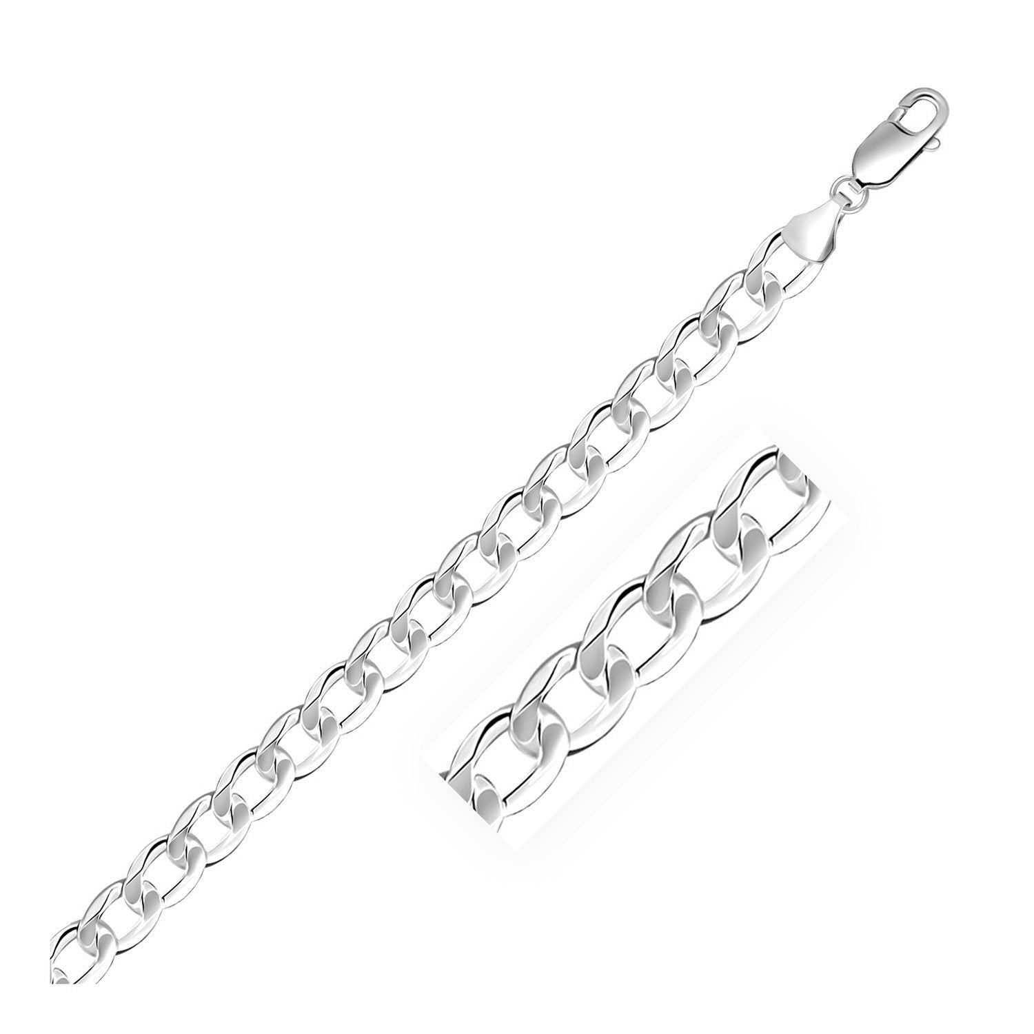 Rhodium plated sterling silver curb style chain, 7.20 mm, showcasing modern design and elegant link detail.