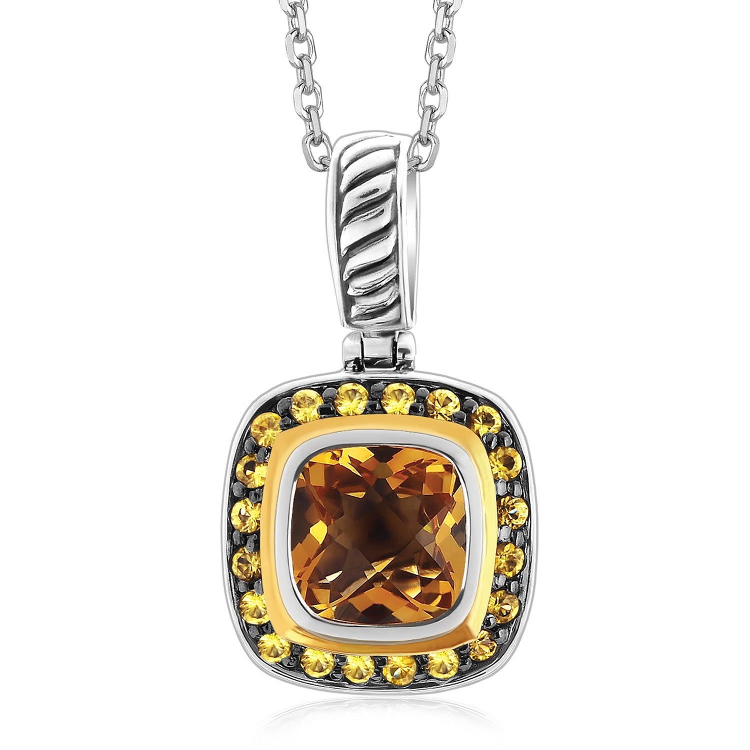 18K yellow gold and sterling silver square pendant featuring cushion cut citrine and sapphires in modern design.