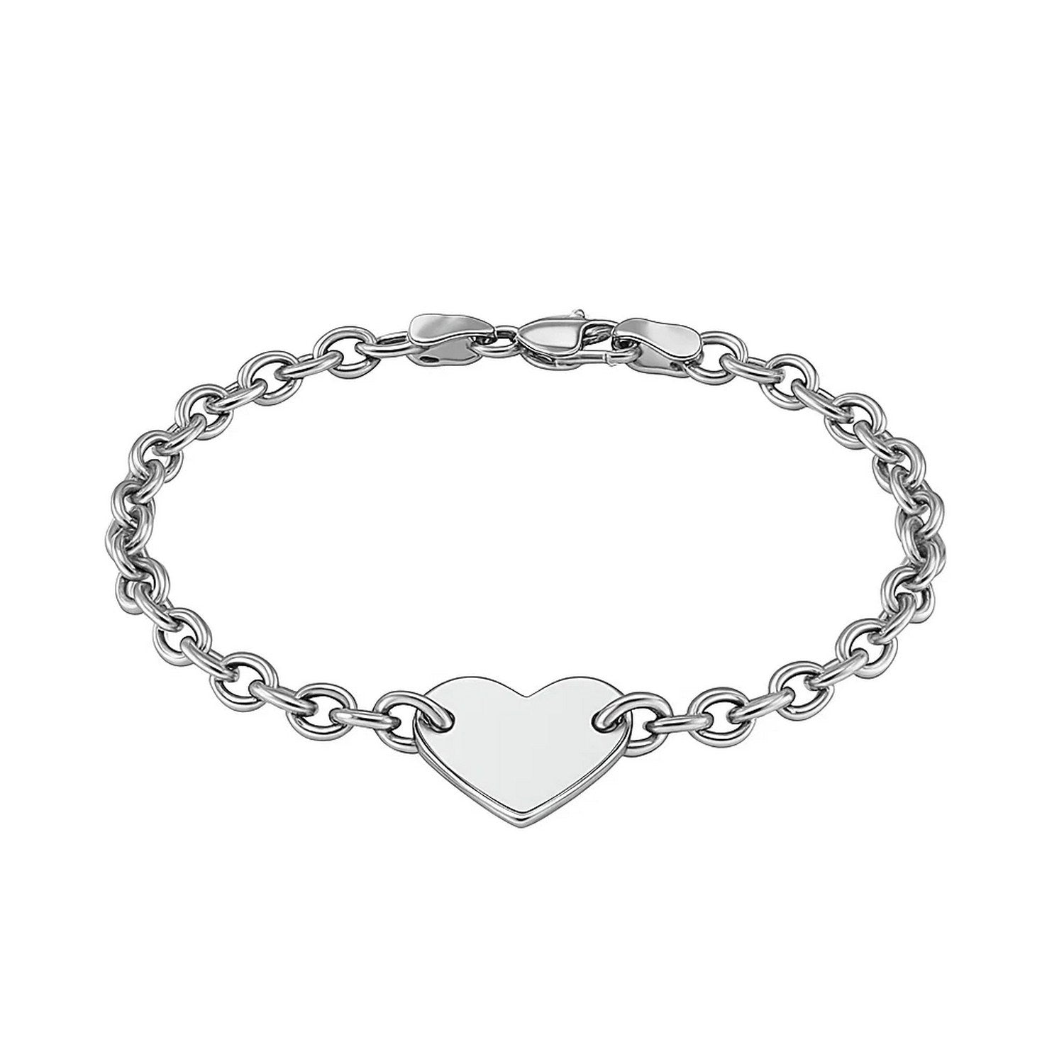 Sterling silver rhodium plated chain bracelet featuring a flat heart station, modern design with elegant link detail.