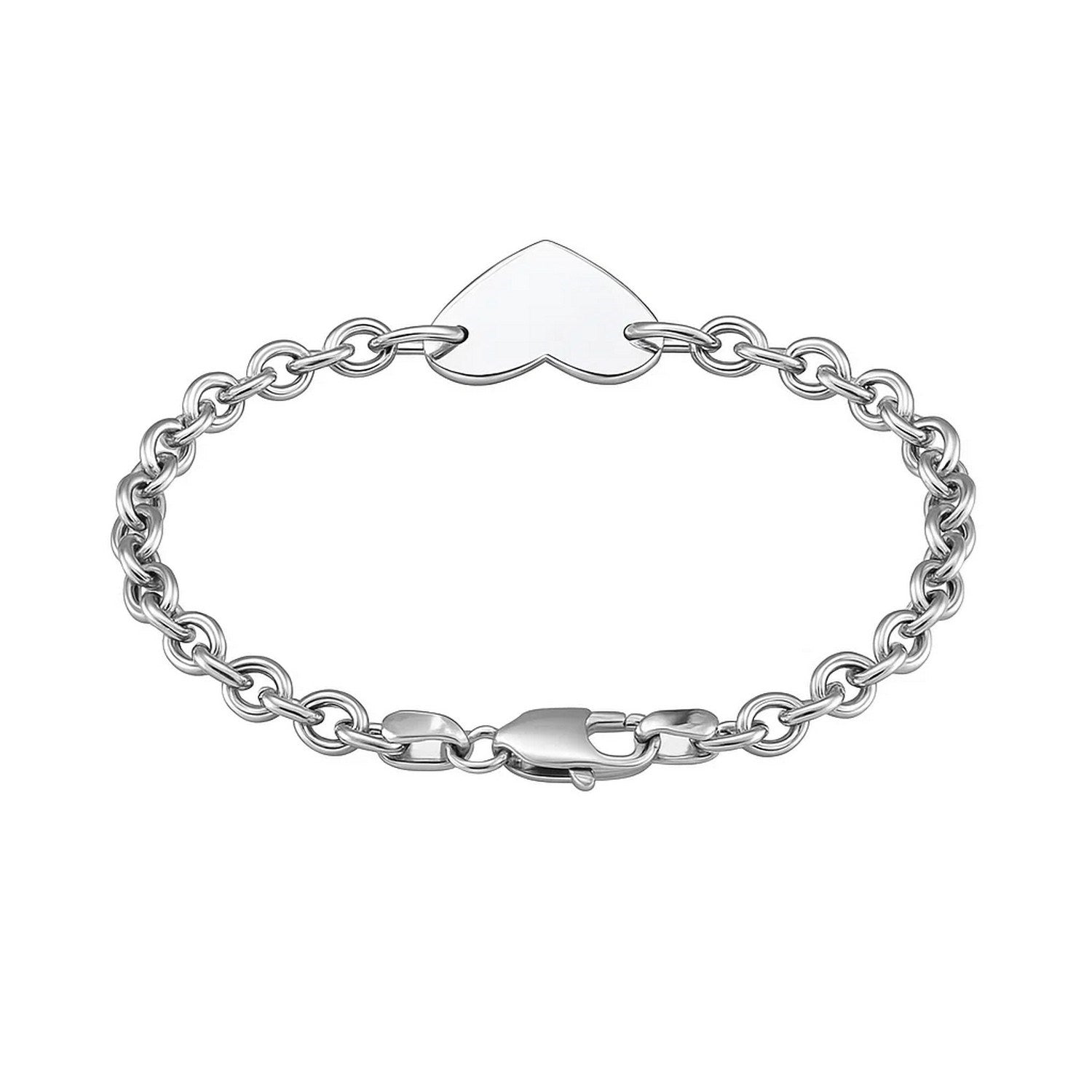 Sterling silver rhodium plated chain bracelet featuring a modern flat heart station, perfect for elegant layering.
