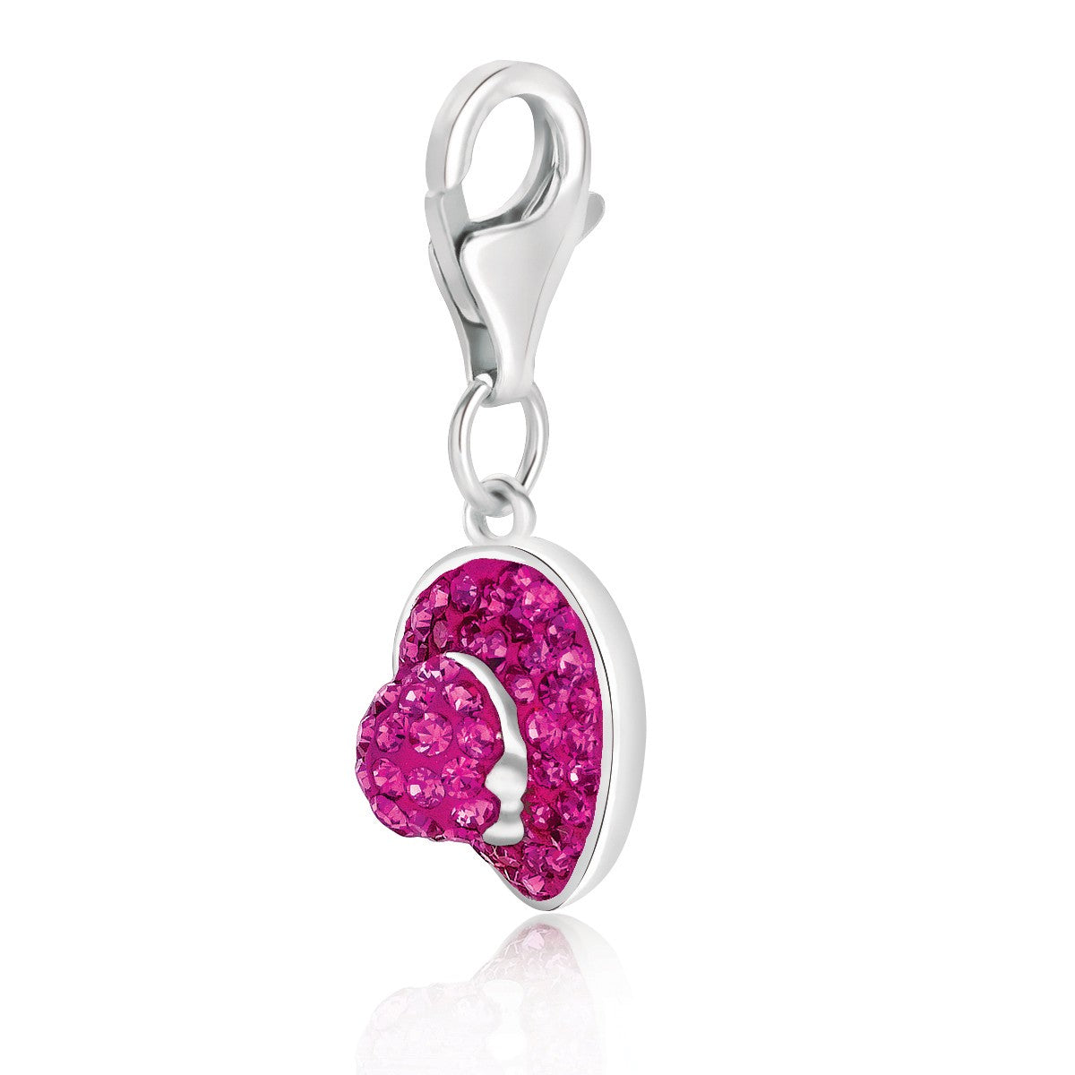 Sterling silver charm of a hat with bow, adorned with magenta tone crystals for a modern luxury touch.
