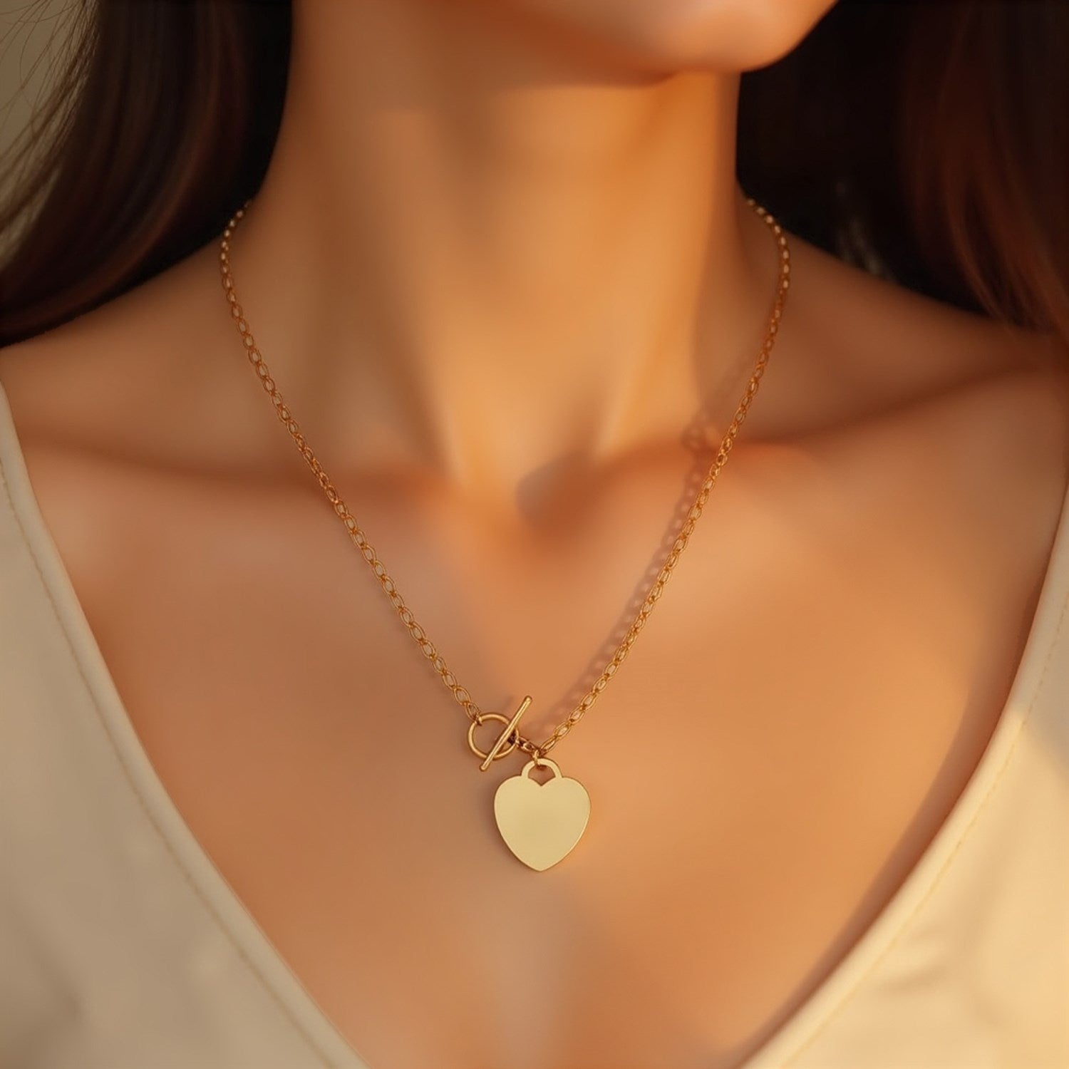 14k yellow gold toggle necklace featuring a minimalist heart charm and elegant chain design.