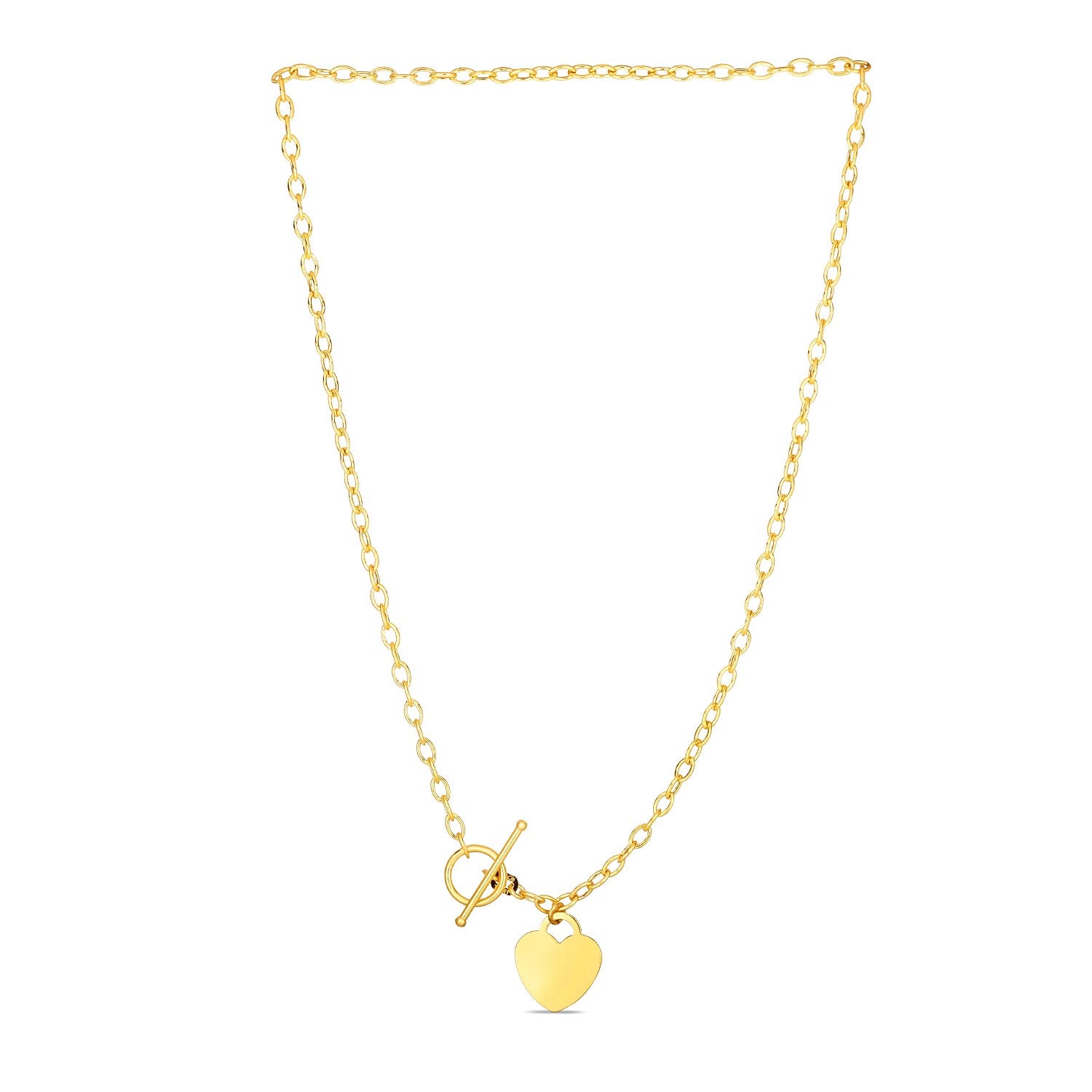 14k yellow gold toggle necklace featuring a minimalist heart charm and delicate chain design.
