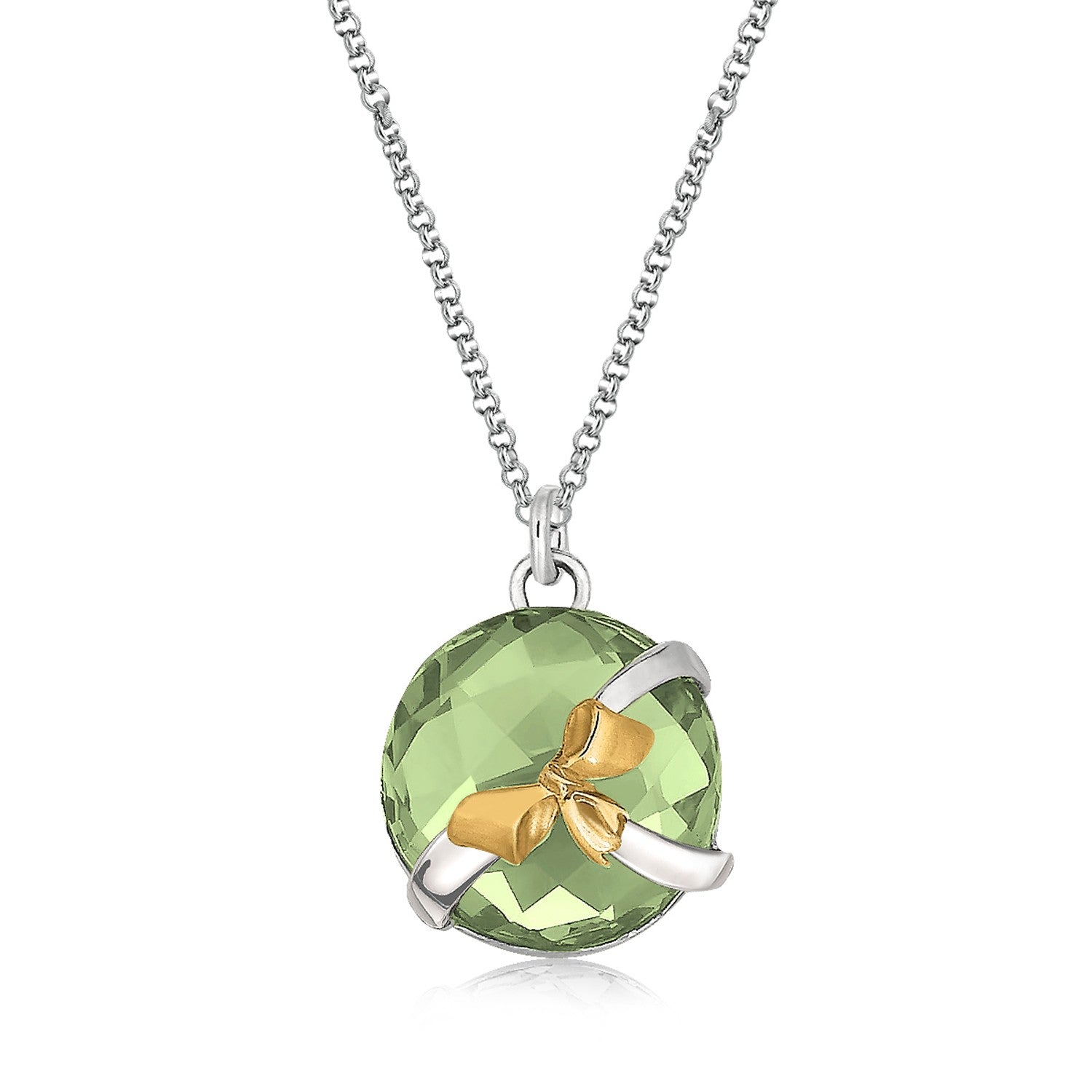 18K yellow gold and sterling silver pendant featuring a bow design with exquisite green amethyst accents.