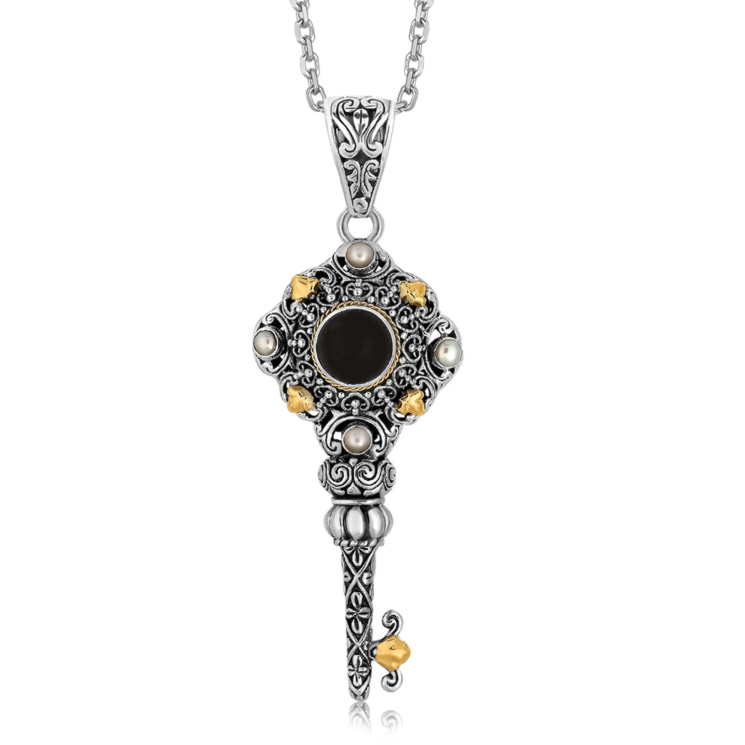 18K yellow gold and sterling silver pendant featuring black onyx and pearl in an elegant key motif design.