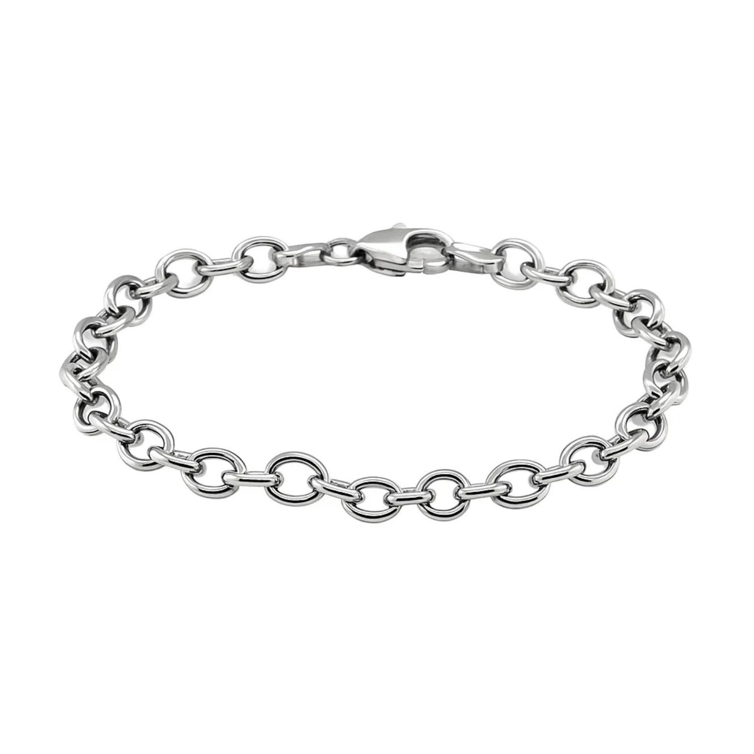 Sterling silver rhodium plated charm bracelet featuring elegant links, perfect for sophisticated layering.