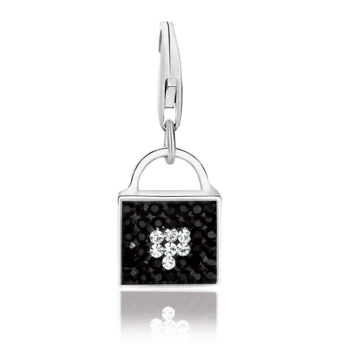 Sterling silver handbag charms adorned with black and white tone crystals, exuding modern luxury elegance.