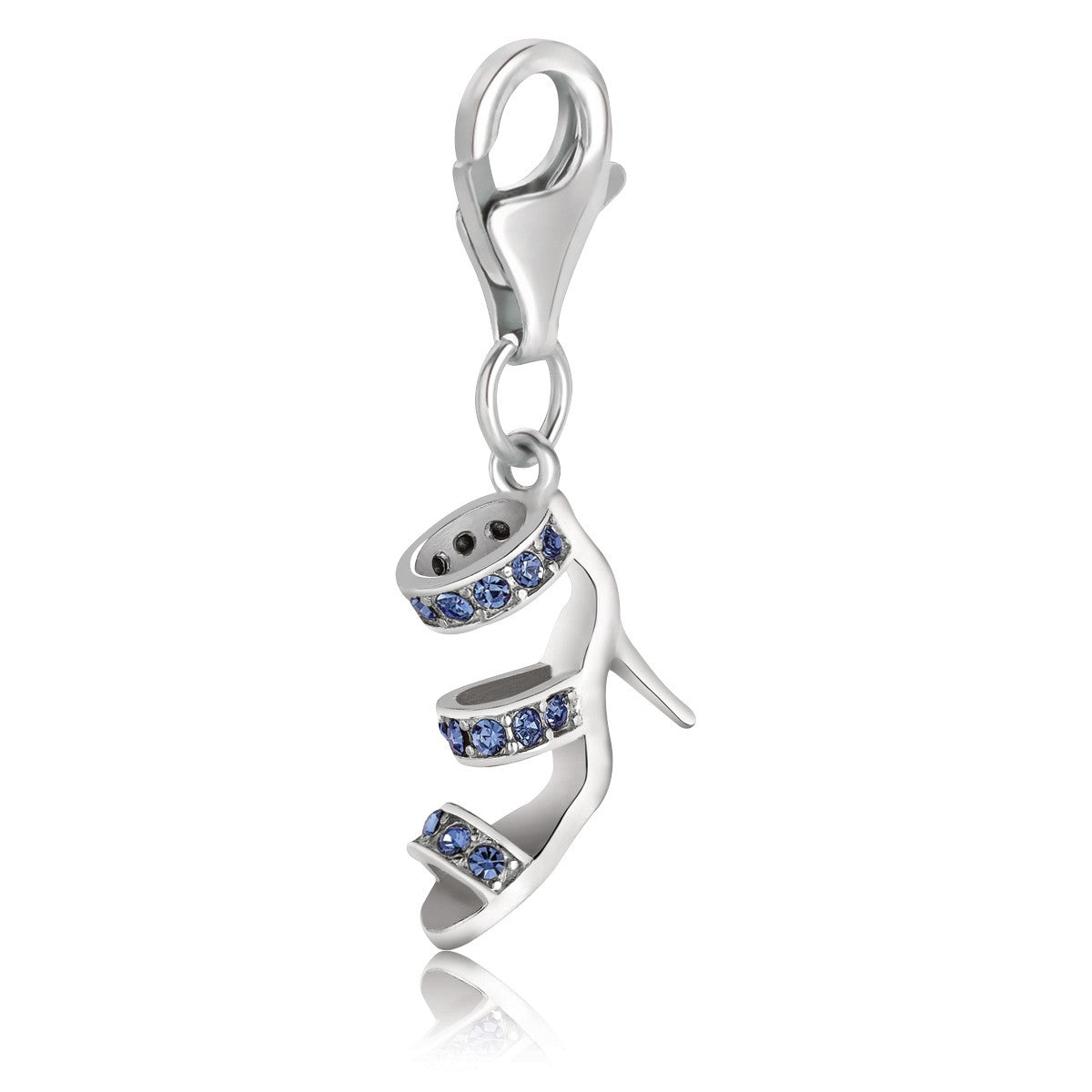 Sterling silver high heel shoe charm adorned with blue hue crystal accents, embodying modern luxury elegance.