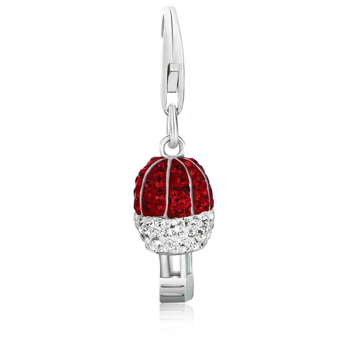 Sterling silver hot air balloon charms adorned with red and white tone crystal accents, elegant chain design.