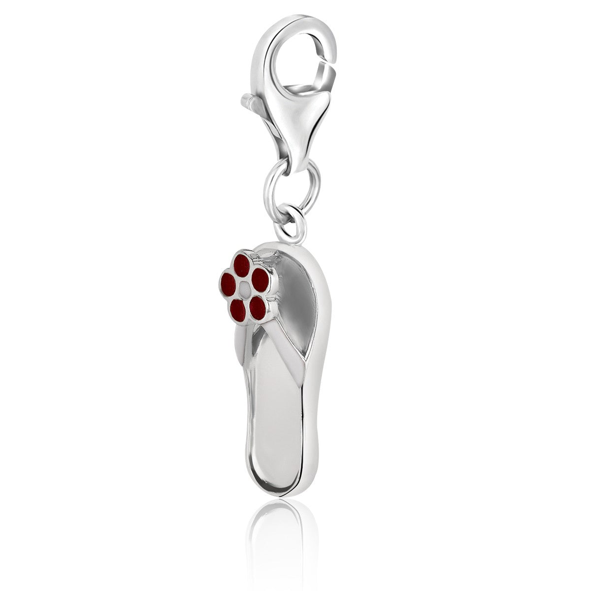 Sterling silver flip flop charm adorned with a vibrant red enameled flower, exuding elegance and luxury.