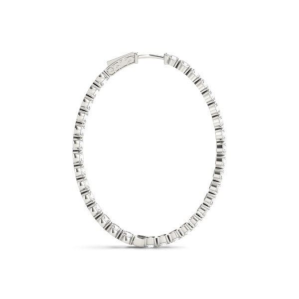 14k white gold two-sided diamond hoop earrings featuring round diamonds in a modern prong setting, elegant and luxurious.