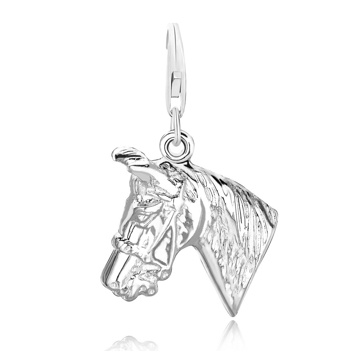 Sterling silver horse head charms featuring an elegant design, perfect for adding luxury to any bracelet or necklace.
