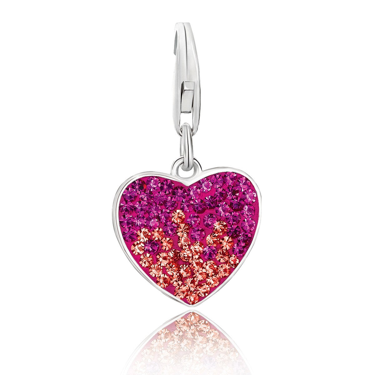 Sterling silver heart charms adorned with citrine, pink, and white tone crystal accents for an elegant touch.