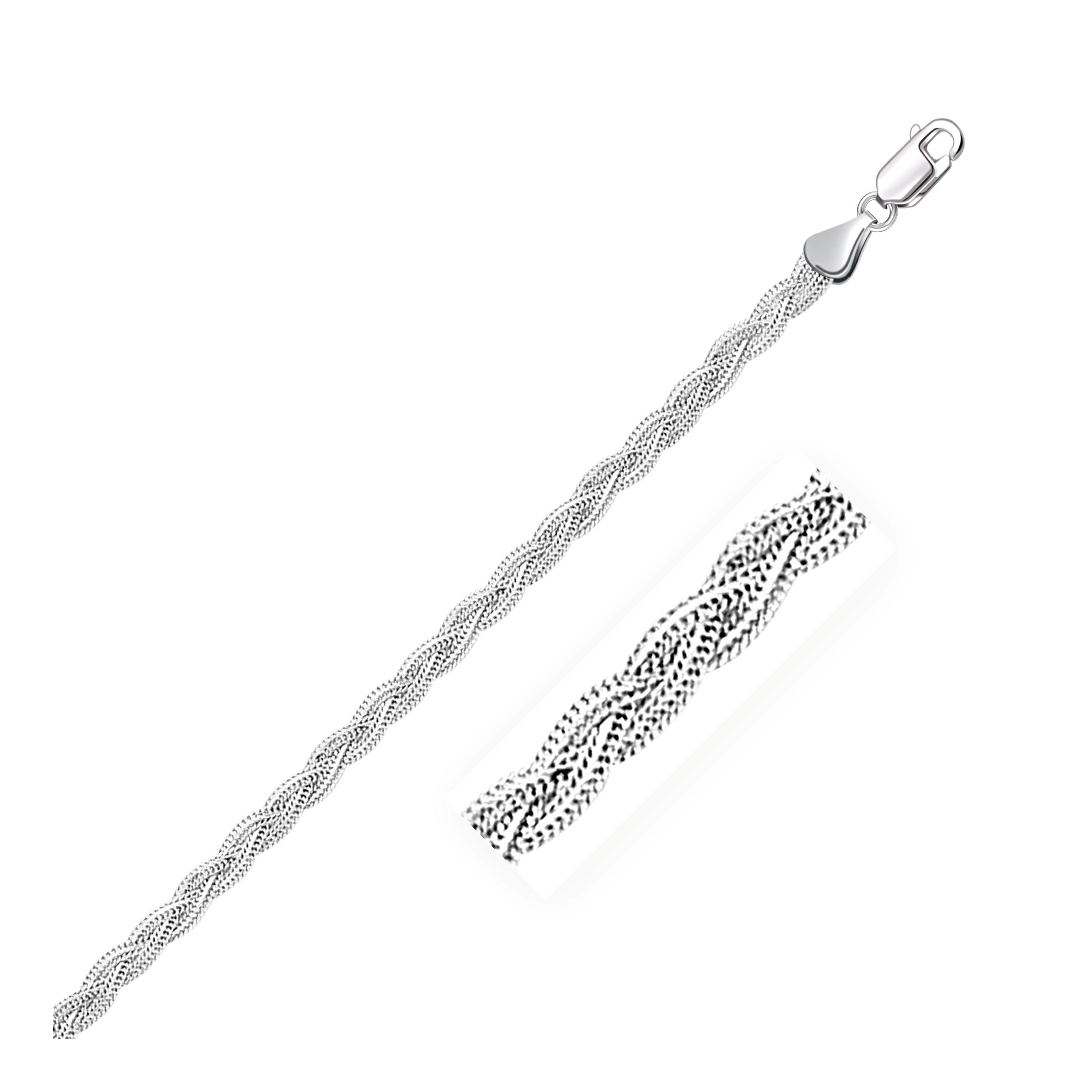 14k white gold braided foxtail anklet, a modern luxury piece with intricate design and elegant shine.