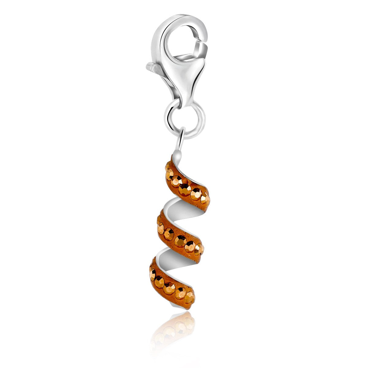 Sterling silver champagne coil charms adorned with vibrant orange tone crystal accents for an elegant touch.