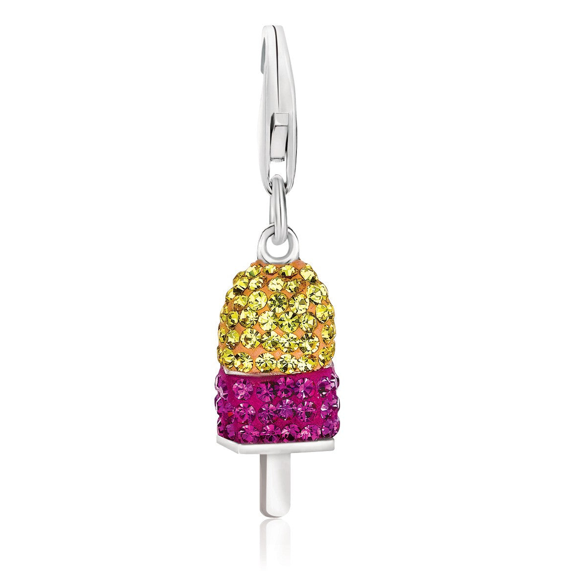 Sterling silver charms adorned with magenta and yellow tone crystals, showcasing a modern luxury design.