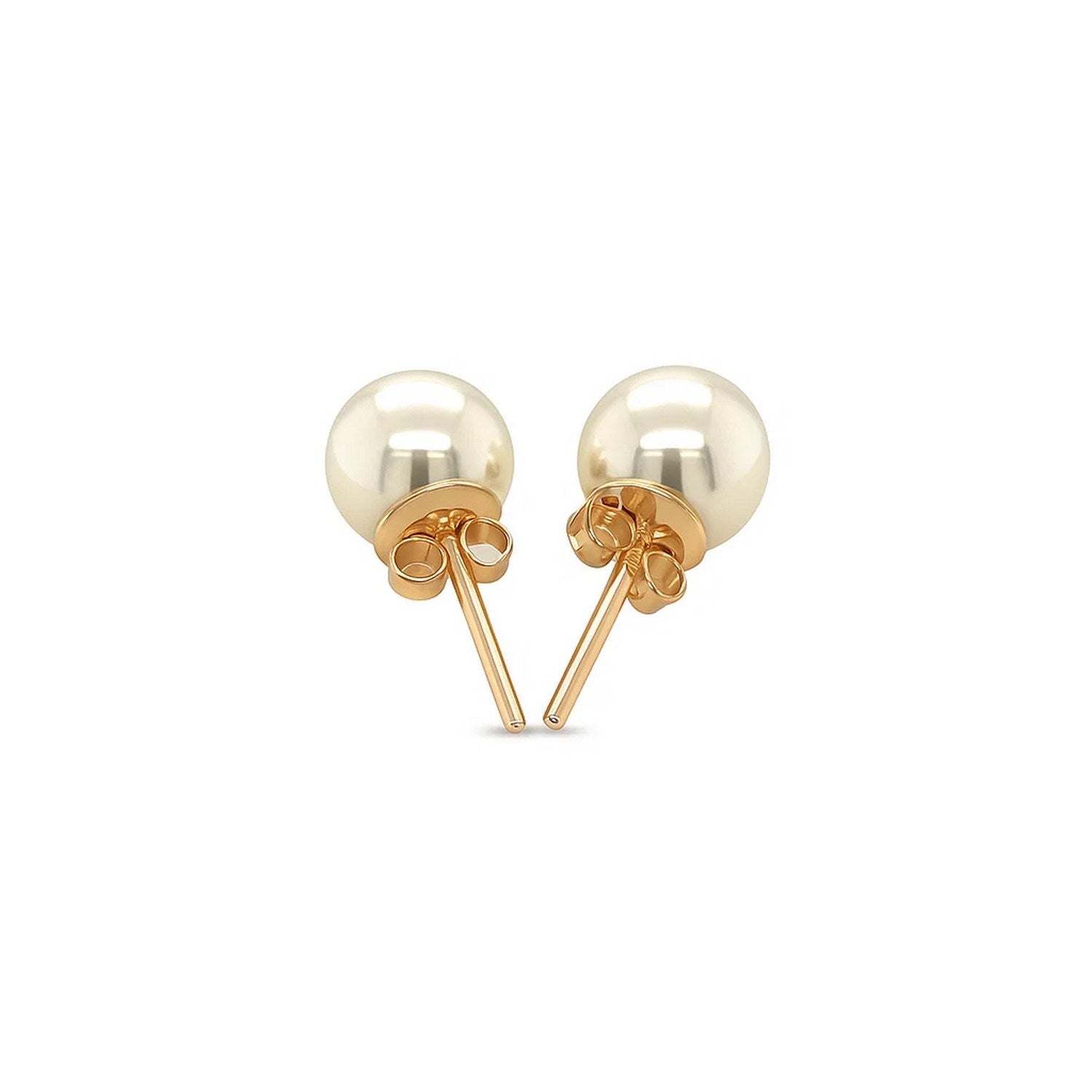 14k yellow gold stud earrings featuring 6mm round freshwater cultured pearls in a modern design.