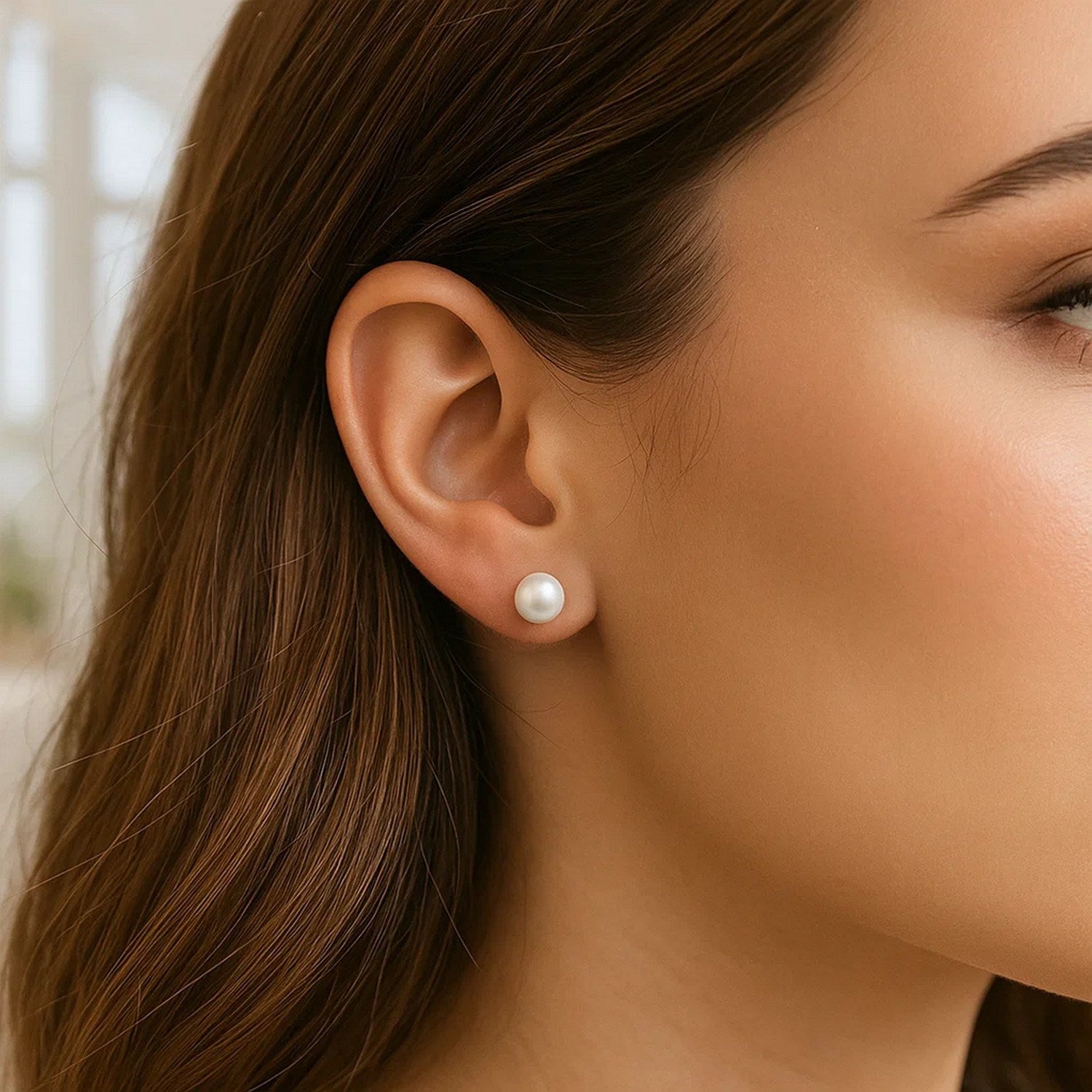 14k yellow gold stud earrings featuring 6mm round freshwater cultured pearls in a modern design.