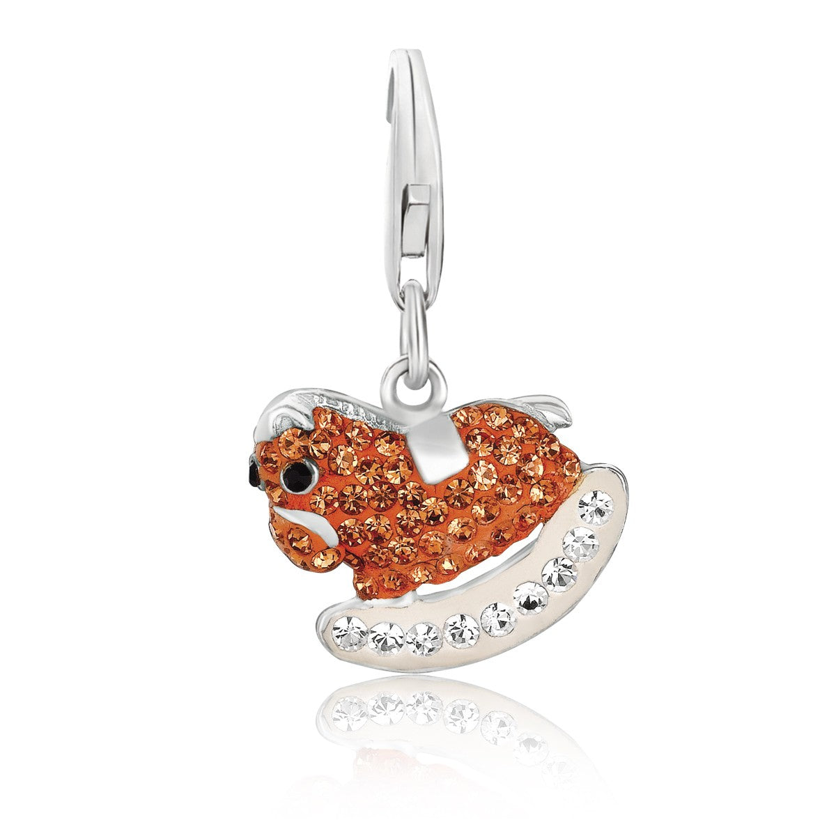 Sterling silver rocking horse charm adorned with multi-color crystals, exuding elegance and playful luxury.