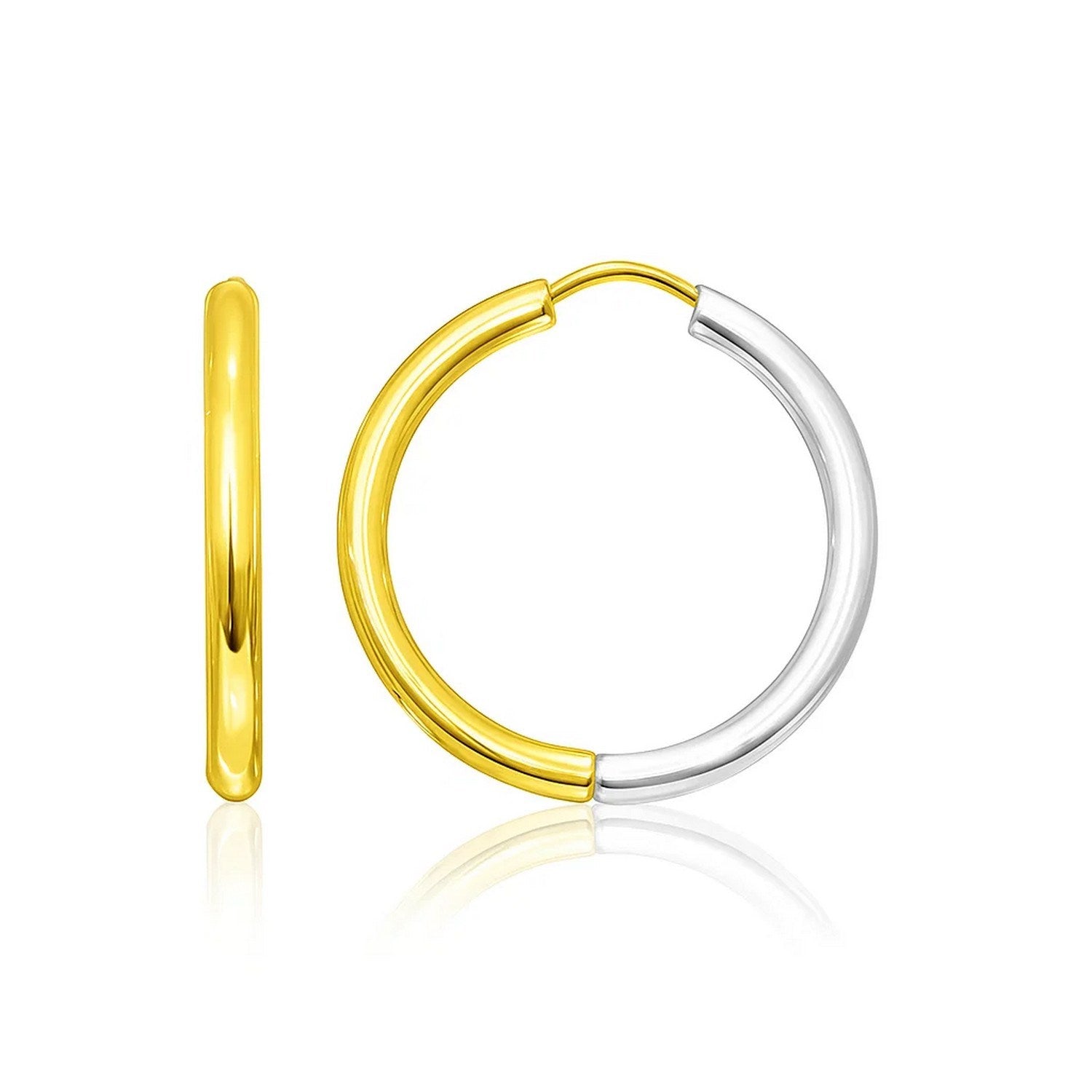 14k two-tone gold polished hoop earrings featuring a sleek, minimalist design for elegant sophistication.