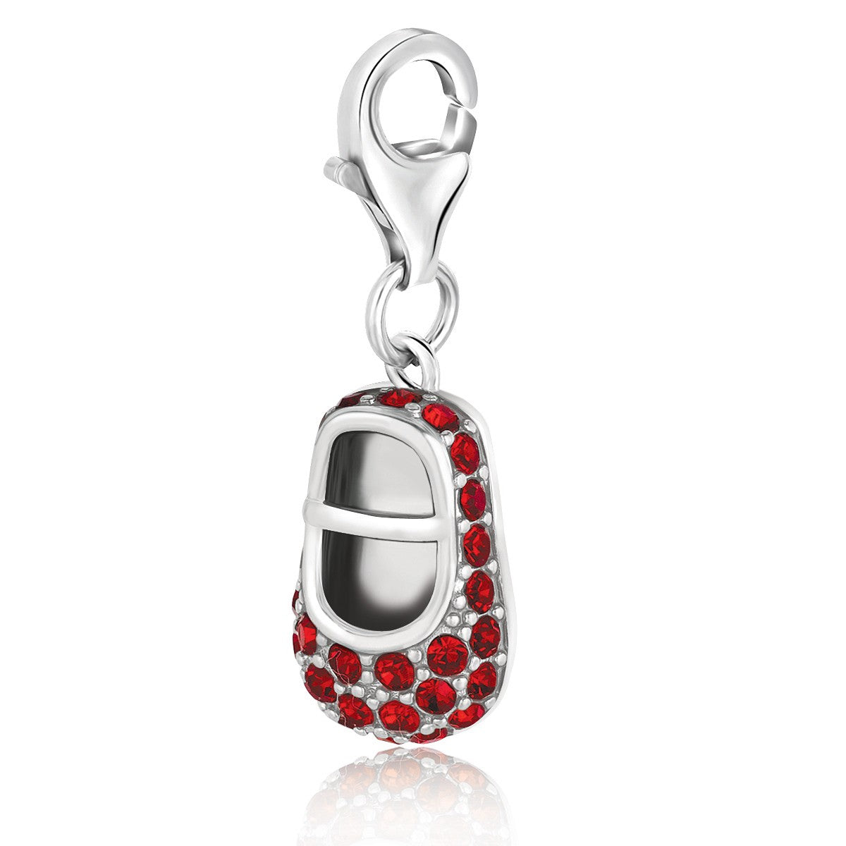 Sterling silver baby shoe charm adorned with elegant red tone crystal accents for a luxurious touch.