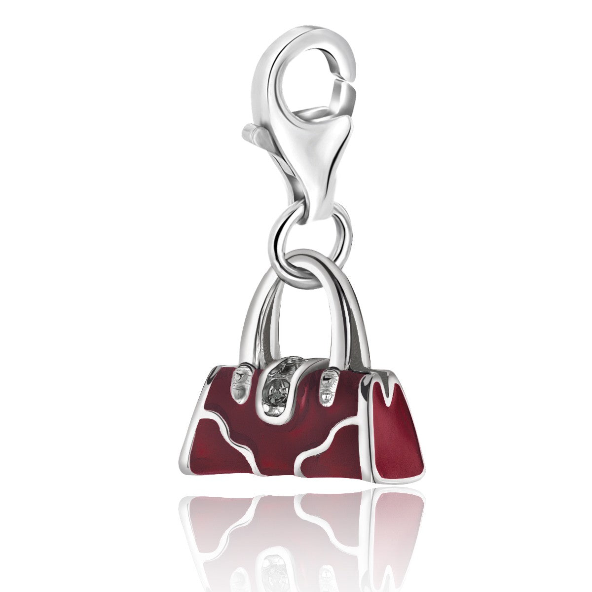 Sterling silver handbag charms featuring luxurious red tone enameling in a modern design.