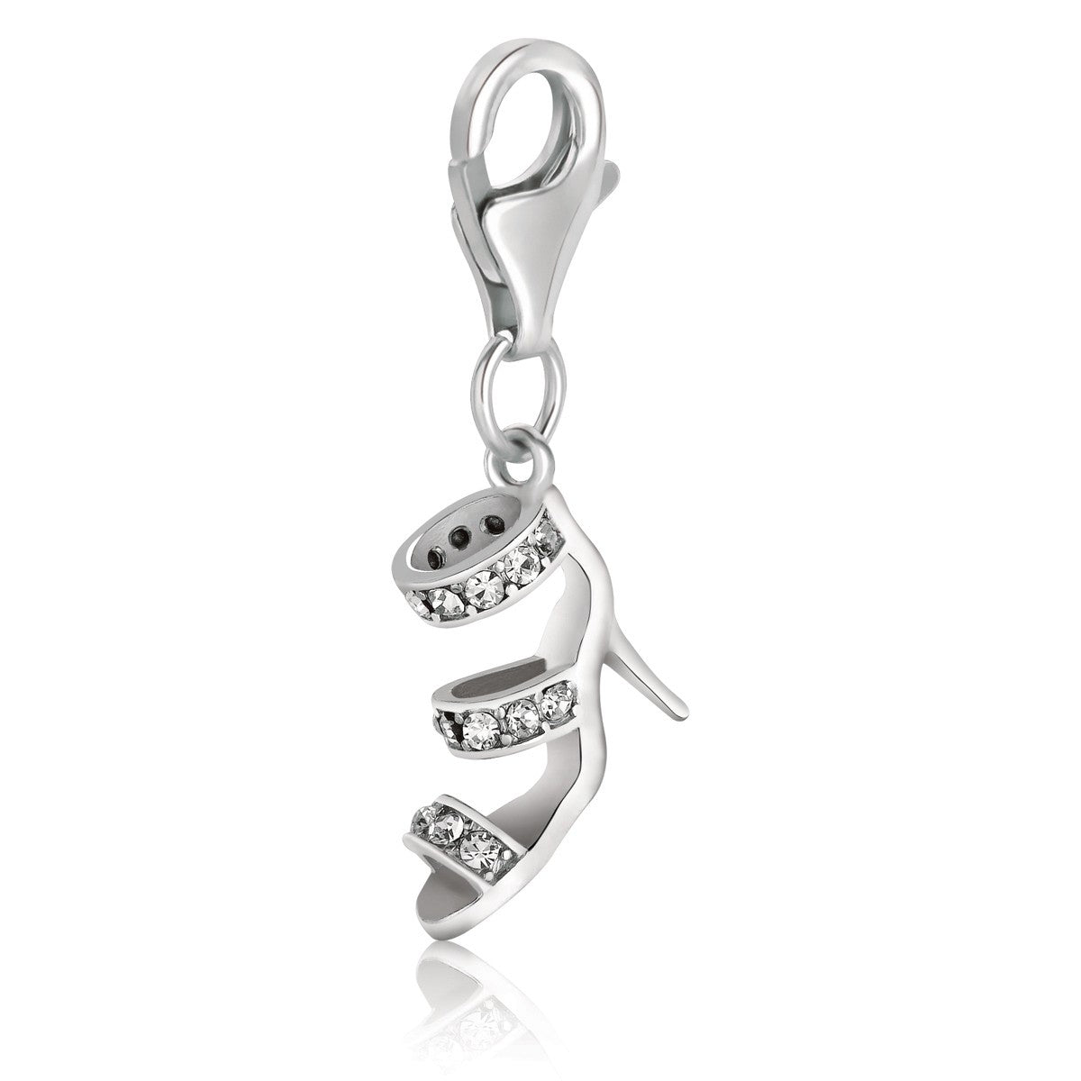 Sterling silver high heel shoe charms adorned with white tone crystals for an elegant, luxurious touch.