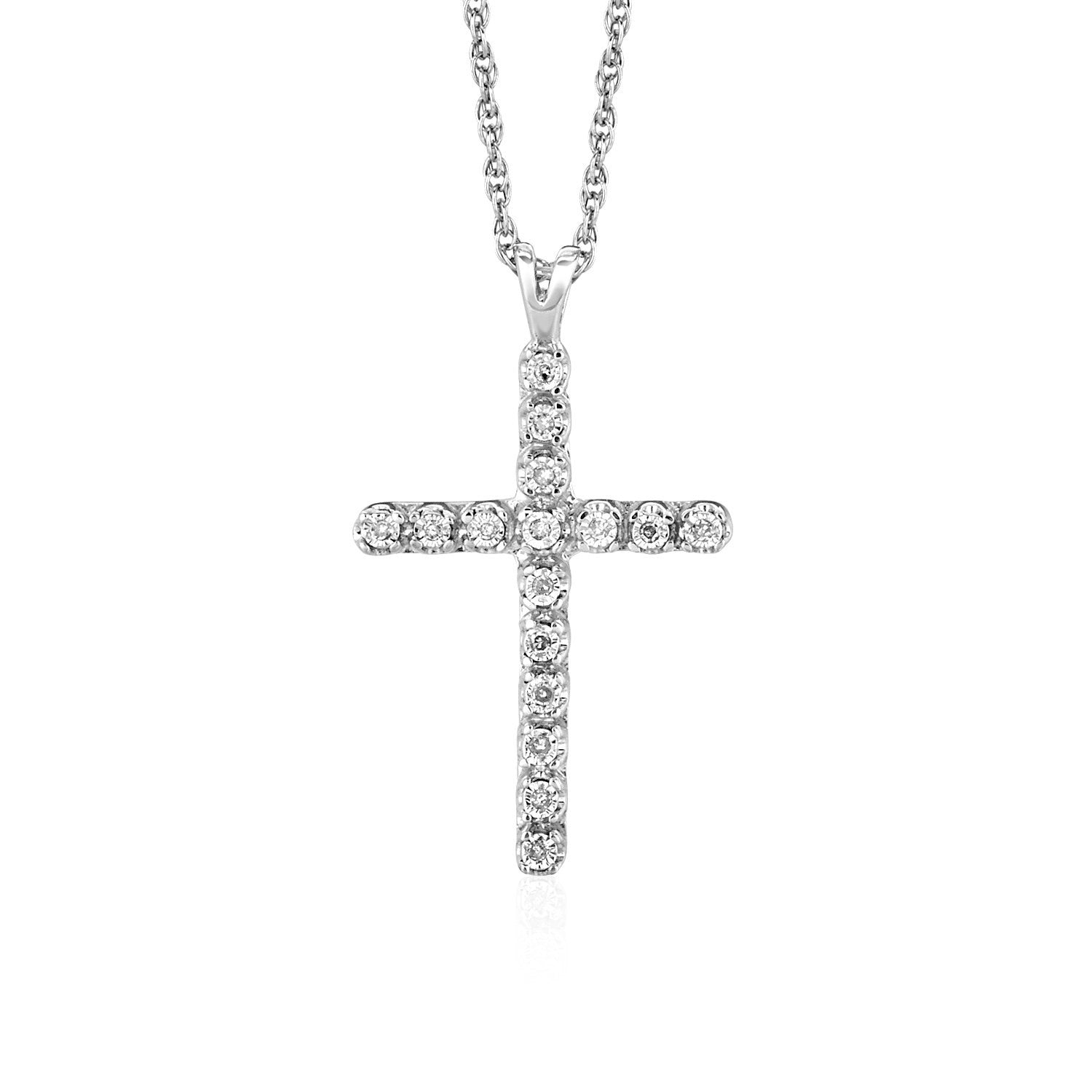 Sterling silver cross pendant adorned with sparkling diamonds on a sleek modern chain.