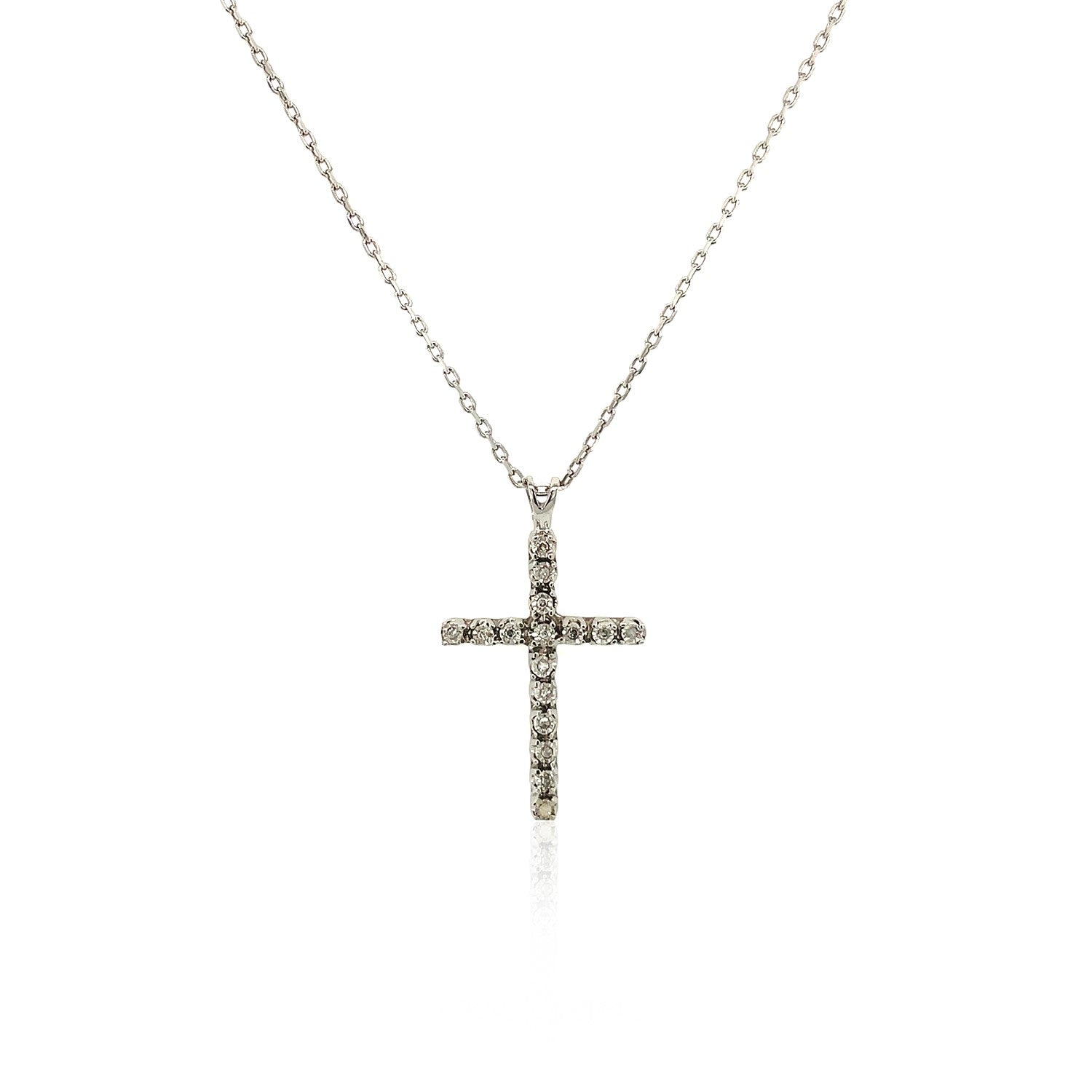 Sterling silver cross pendant adorned with sparkling diamonds, featuring a modern design and elegant chain.