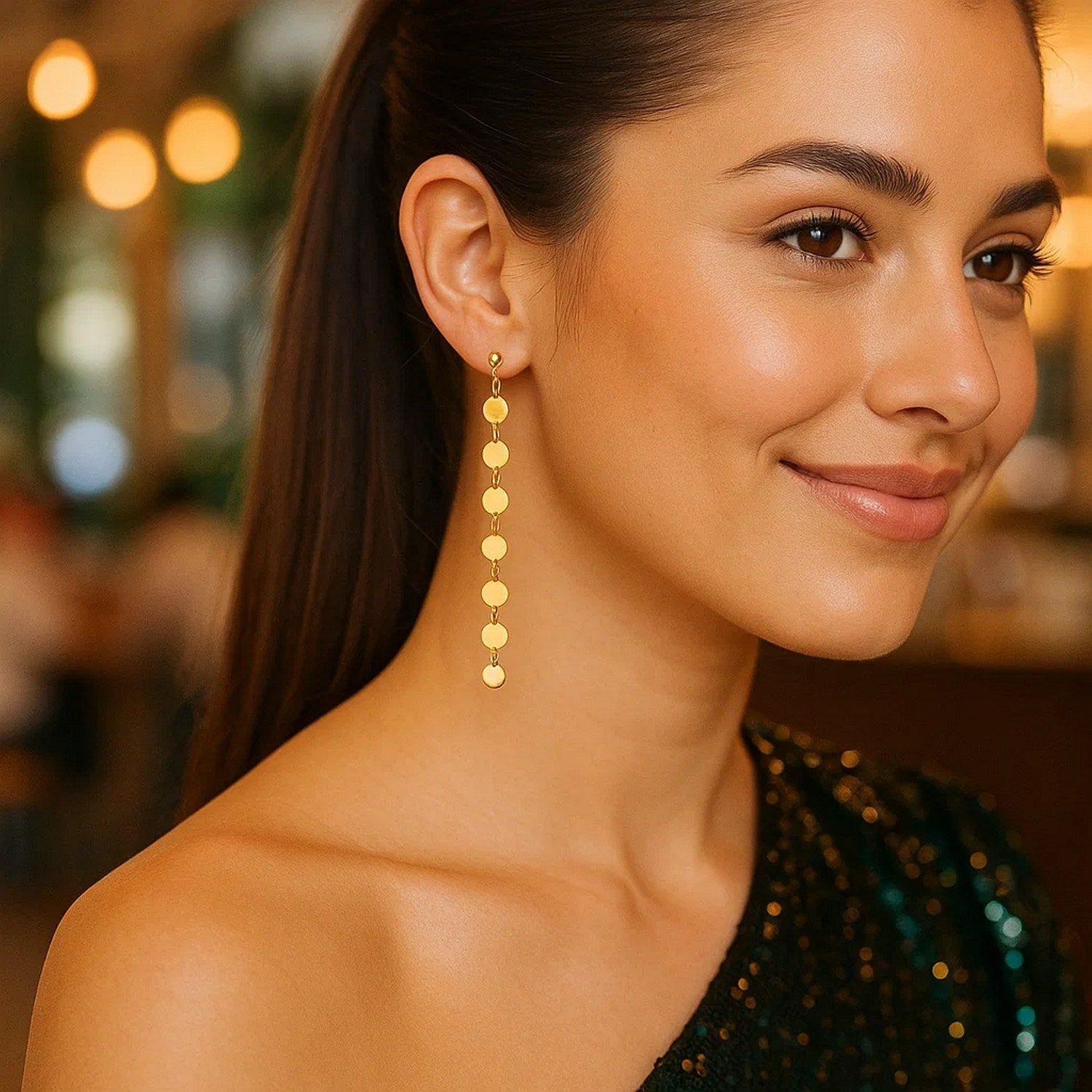 14k yellow gold polished circle dangle earrings with elegant drop design, perfect for sophisticated occasions.