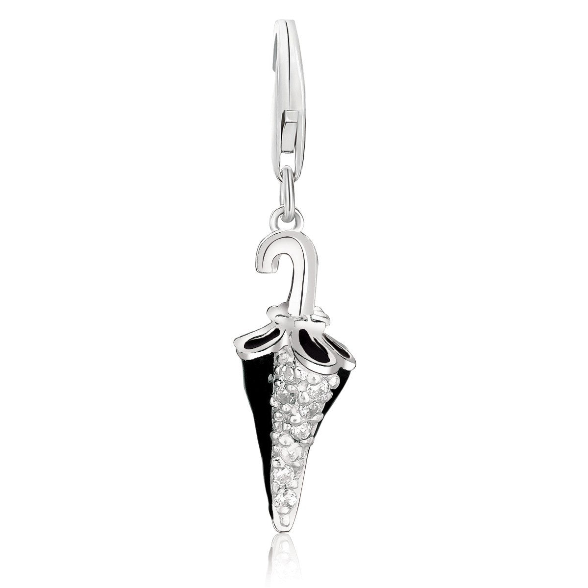 Sterling silver charm featuring a black enameled umbrella adorned with white crystal embellishments for an elegant touch.