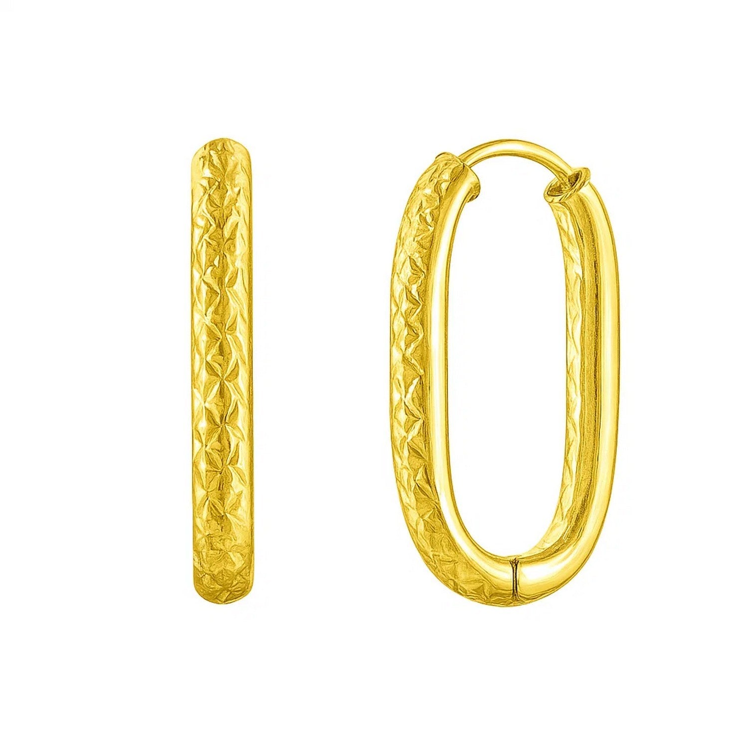 14K yellow gold modern hoop earrings featuring exquisite engraved diamonds for a luxurious touch.