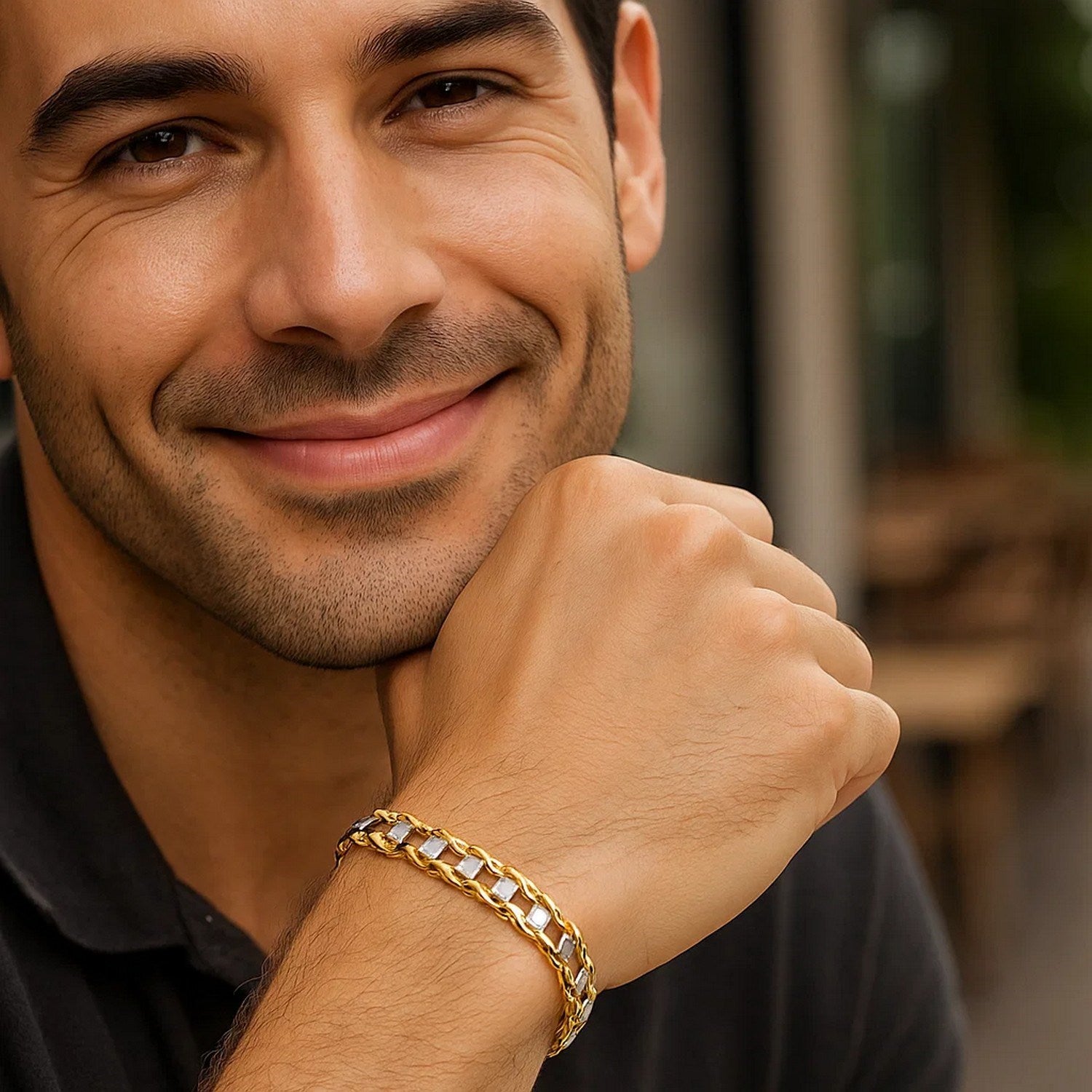 14k two-tone gold men's bracelet featuring contemporary S-style bar links, 7.85 mm width, perfect for luxury wear.