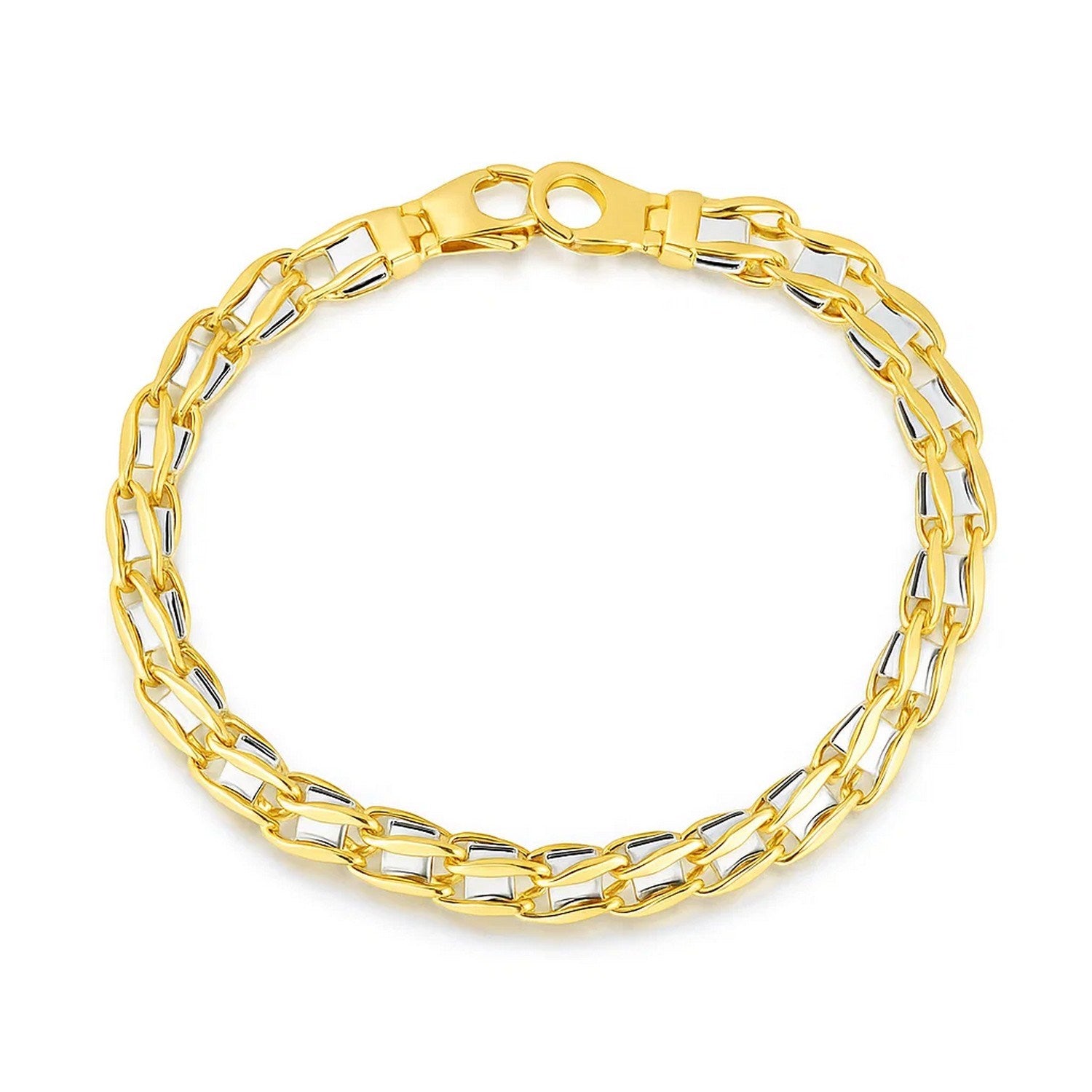 14k two-tone gold men's bracelet featuring contemporary S-style bar links, elegant and refined for modern luxury.