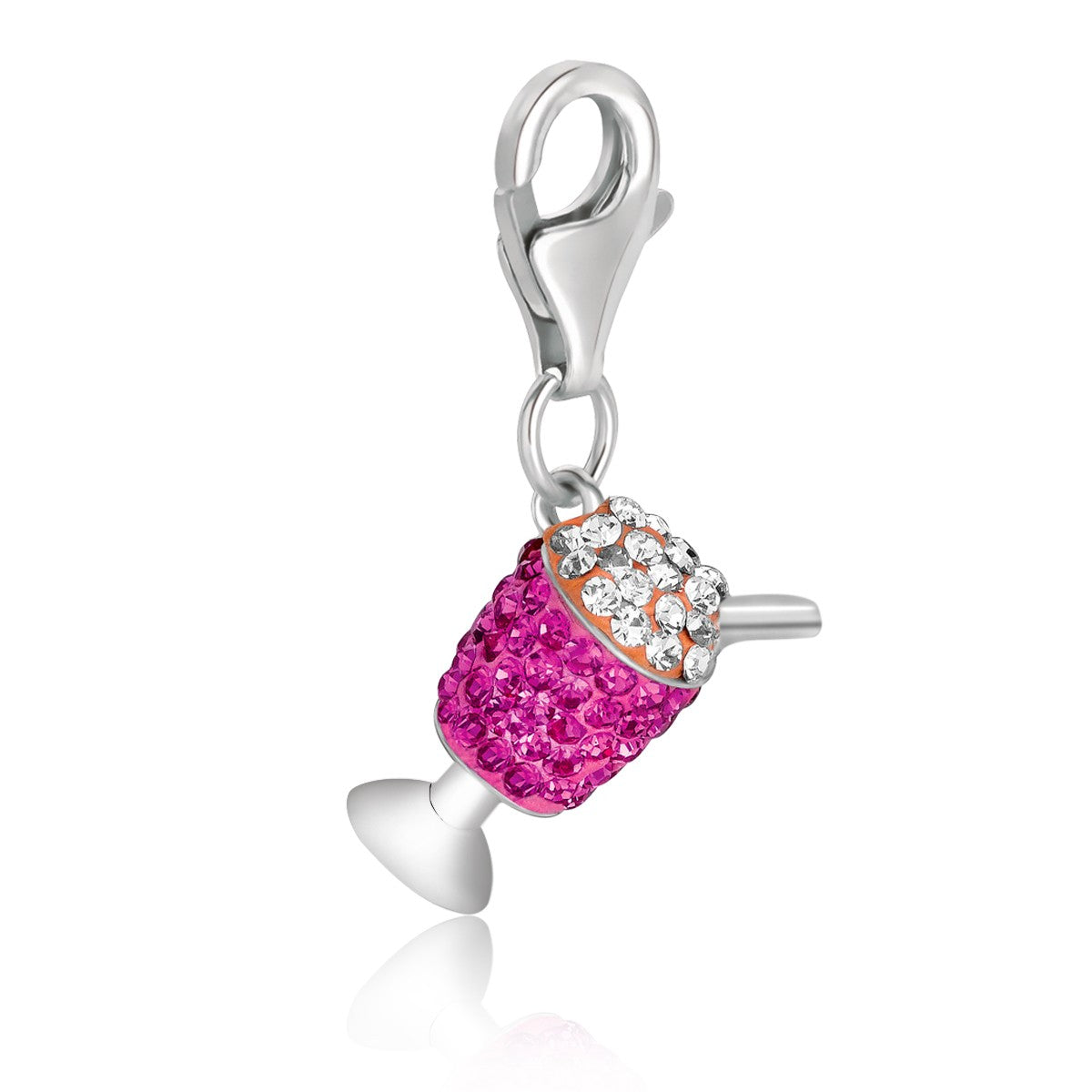 Sterling silver charm of an ice cream cup, embellished with white and magenta crystals for an elegant touch.