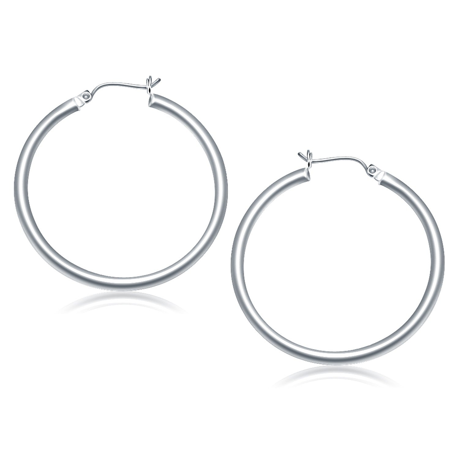 14k white gold polished hoop earrings with a sleek modern design, perfect for elegant everyday wear.